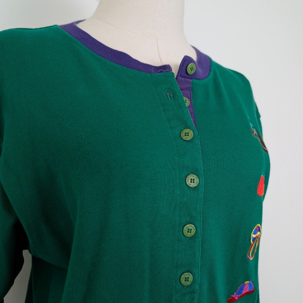 80s Adrienne Vittadini 3/4 Sleeve Pony Shirt Equestrian Embroidered Crest Button - Picture 5 of 9